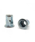 Top Notch Carbon Steel Flat Head Threaded Insert Nut And Hex Rivet For Heavy Duty Sheet Metal Jobs In Auto, Furniture Or Industrial Gear Projects Made To Rust Proof on white background.