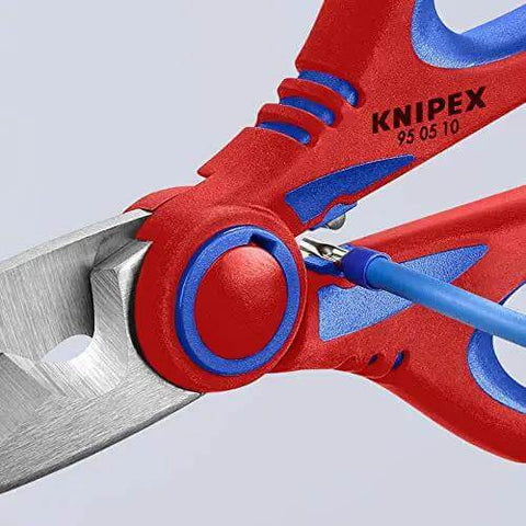Electricians Shears With Ferrule Crimp Area Up To 6 Square Millimeters, showing fine serration and non slip grip handles, close-up view