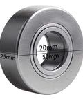 Support needle roller bearings NART NURT series: steel bearing with 20mm bore, 52mm outer diameter, 25mm width, front view.