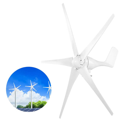 1600W Wind Turbine Generator With Five Blades 48V System Nylon Fiber Blades shown against sky and trees.