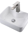 White Rectangle Ceramic Vessel Sink With Faucet And Pop Up Drain Vanity Bathroom Basin Combo Set In Modern Style Includes Stainless Steel Faucet And Chrome Drain For A Sleek Dope Look shown from above angle.