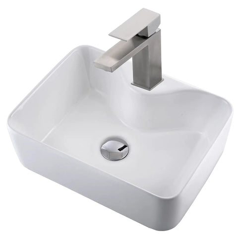 White Rectangle Ceramic Vessel Sink With Faucet And Pop Up Drain Vanity Bathroom Basin Combo Set In Modern Style Includes Stainless Steel Faucet And Chrome Drain For A Sleek Dope Look shown from above angle.