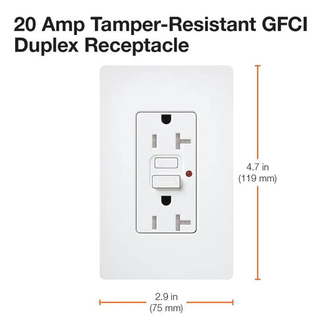 Self-Testing 20-Amp Tamper-Resistant Receptacle With Test Button Every 30 Seconds, satin snow finish, front view with measurements