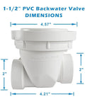 Front view of PVC Backwater Valve 1-1/2 Inch For Home Plumbing Backflow Prevention With Easy Slip Connection, white, with dimensions.