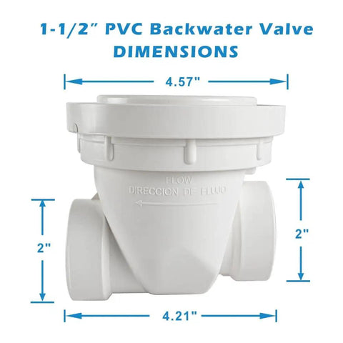 Front view of PVC Backwater Valve 1-1/2 Inch For Home Plumbing Backflow Prevention With Easy Slip Connection, white, with dimensions.