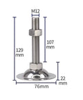 Heavy Duty Stainless Steel Furniture Levelers 8 Pack Adjustable M12 Thread Feet with dimensions 129mm height and 76mm base.