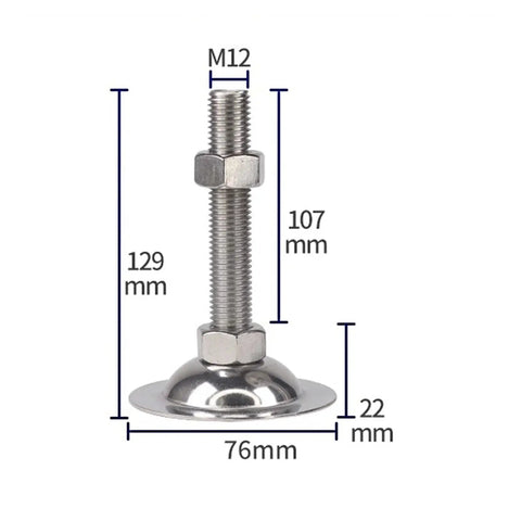 Heavy Duty Stainless Steel Furniture Levelers 8 Pack Adjustable M12 Thread Feet with dimensions 129mm height and 76mm base.