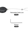 Secure Your TV And Remote Controls With These Retractable Cables That Feature Smooth Extension And Rock Solid Double Sided Adhesion To Keep Gear Locked Down Tight In A Black Two Pack Set, shown with wrench and cable locks.