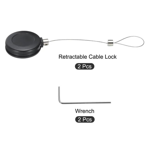 Secure Your TV And Remote Controls With These Retractable Cables That Feature Smooth Extension And Rock Solid Double Sided Adhesion To Keep Gear Locked Down Tight In A Black Two Pack Set, shown with wrench and cable locks.