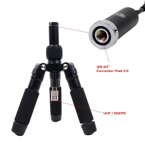 Portable Antenna Tripod Mast With Multi Connector Head SO239 3 8 24 And 1 4 Inch Camera Screw For CB HF Ham Radios And Photography Gear A Lightweight Tower Compatible With GRA 7350T For Field Ops showing connector details.