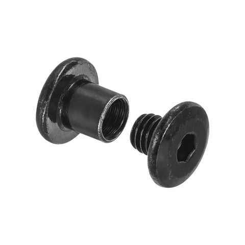 20 Sets Black Stainless Steel M5 Millimeter Screw Posts With Female Hex Bindings Rock Hard Leather Fasteners And Belt Buckle Bolts Includes Wrench For No Sweat Install And Clean Look components close-up on white background.