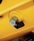 Close-up of heavy duty portable air compressor featuring 4 5 gallon steel tank and 225 psi maximum pressure air valve.