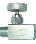 Needle para gas a alta presión para líneas industriales. Válvula recta de cuerpo pequeño de acero al carbono con mango redondo, de 1/4 Inch NPT Inch a 1/4 Inch NPT Inch , con una presión nominal de 6000 PSI y manómetros PIC.