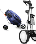 Slick Lightweight Foldable Golf Push Cart And Smooth Swivel Three Wheel Trolley Setup with bag and wheels.