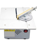 Heavy Duty Mini Sliding Table Saw Engineered For Rugged DIY Builds And Serious Woodworking showing precision T-slot rails and adjustable angle.
