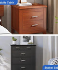 Front view of bedside table and bucket cabinet with Stainless Steel Cabinet Handles 10 Pack With Satin Nickel Finish 4 Inch Overall Length And 2 1/2 Inch Hole Centers Square T Bar Drawer Pulls.