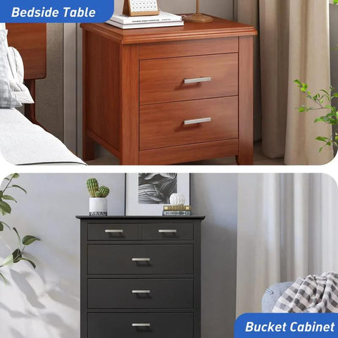 Front view of bedside table and bucket cabinet with Stainless Steel Cabinet Handles 10 Pack With Satin Nickel Finish 4 Inch Overall Length And 2 1/2 Inch Hole Centers Square T Bar Drawer Pulls.