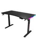 Adjustable Height Standing Desk With Carbon Fiber Top And Hella Fast Electric Lift Offers Chill Work Mode Programmable Memory Presets Cool Rgb Lighting side view with RGB edges.