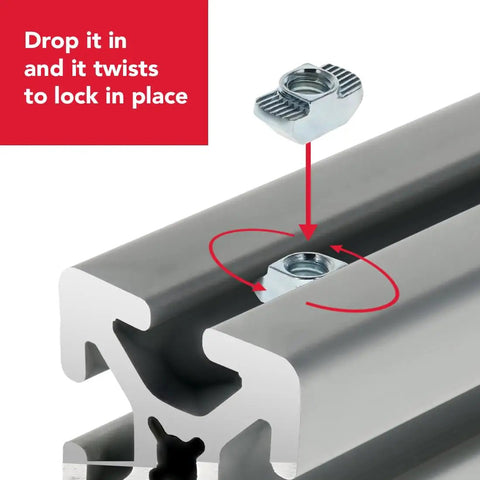 Drop In T Nut With Quarter Twenty Thread For Aluminum Extrusion Hardware Fits 40 Series 1515 1530 And 40mm Profiles Steel With Zinc Finish 10 Pack Built Tough For Sturdy Mounts showing installation