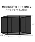 Gazebo Mosquito Netting Replacement Kit With 4 Panel Mesh Walls And Double Zippers For Outdoor Patios Khaki Fits 10x10 To 12x16 Gazebos Durable Nylon Tear And UV Resistant For All Weather Use. Illustration showing fit for 12x12 ft gazebo.