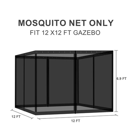 Gazebo Mosquito Netting Replacement Kit With 4 Panel Mesh Walls And Double Zippers For Outdoor Patios Khaki Fits 10x10 To 12x16 Gazebos Durable Nylon Tear And UV Resistant For All Weather Use. Illustration showing fit for 12x12 ft gazebo.