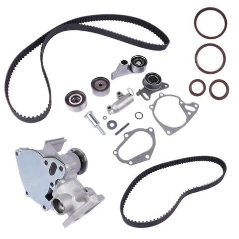 Premium Water Pump And Timing Belt Kit Compatible With L200 Shogun Pajero 2.5 DI-D Diesel Engine 1300A045 Includes Vital Parts For Total Overhaul Swap Keep Your Rig Running Smooth With Top Tier Gear And Solid Workmanship Always Done Right. timing belt kit with water pump, pulleys, gaskets, and seals on white background