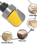 Close-up of 1/4 Inch Shank Bowl And Tray Router Bit Set with labels for use on solid wood, MDF, particleboard, and plywood.