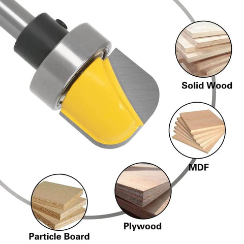 Close-up of 1/4 Inch Shank Bowl And Tray Router Bit Set with labels for use on solid wood, MDF, particleboard, and plywood.