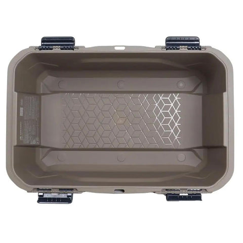 Top view of Alpaca 45L Waterproof Gear Box for Camping and Outdoor Organization, Mirage Tan with rugged latch and clearview lid.