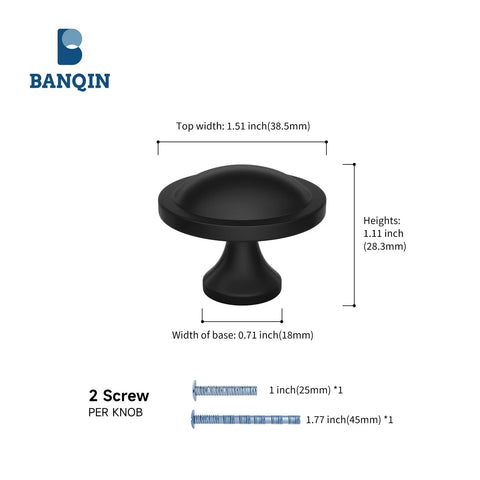 10 Pack Black Round Mushroom Cabinet Knobs For Dresser And Drawer 1.5 Inch Diameter, Includes Two Screw Lengths, Individually Packed