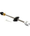 Rock Solid 300mm T8 Lead Screw Kit With Brass Nut Coupler Pillow Bearing Blocks And Hex Wrench viewed at an angle showing components.