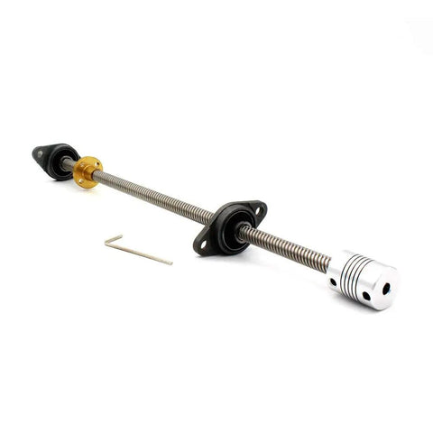 Rock Solid 300mm T8 Lead Screw Kit With Brass Nut Coupler Pillow Bearing Blocks And Hex Wrench viewed at an angle showing components.