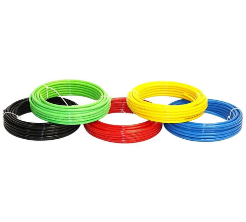 Coiled packs of black, green, red, yellow, blue tubing for fluid transfer and air brake systems, multiple sizes and colors.
