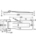 Engineering drawing of 230mm beefy cold store door hinge for refrigeration and industrial ovens with detailed measurements.