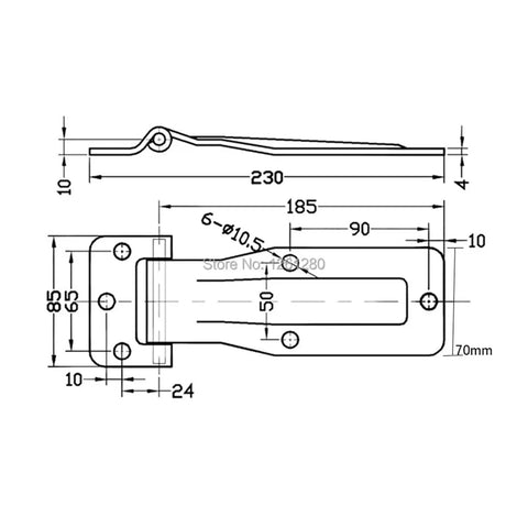Engineering drawing of 230mm beefy cold store door hinge for refrigeration and industrial ovens with detailed measurements.