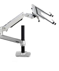 Heavy Duty Aluminum Spring Arm Desk Mount Supports 17 To 27 Inch Screens With A Dang Sturdy Clamp, side view showing tilting action.