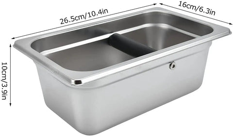 Boss Move Stainless Steel Coffee Knock Box For Espresso Pro Barista Gear Large Capacity shown at an angle with measurements.