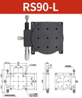 RS90-L Manual R Axis Rotary Stage With 360 Degree Rotation For Dope Micro Adjustment, shown with top and side technical diagrams.