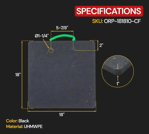 2 Pack Heavy Duty 18x18x1 Stabilizer Pads With Contoured Handles Built Tough From Uhmwpe High Density Polyethylene For RV Crane And Wrecker Work Pro Grade Construction, black UHMWPE pads with dimensions labeled.