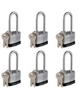 Six Pack Keyed Alike Laminated Steel Padlocks With Key Long Shackle 40mm Wide Body And 50mm Hardened Steel Shackle Weather Resistant Lock