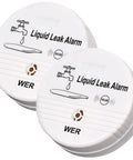 Alt Tag: Two-Pack Battery Operated Water Leak Alarm Sensor With 90dB Alarm showing front view with liquid leak icon