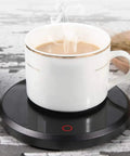 Smart Touch Aluminum Alloy Cup Warmer Keep Your Brews Straight Up Steaming 15W Heating Pad with steaming coffee cup on black base.