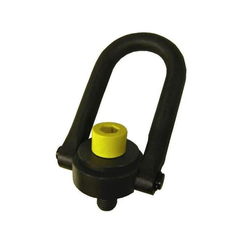 ACTEK 1,000 lb swivel hoist ring, black body with yellow threaded insert, front view.
