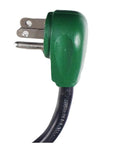 Close-up of the right-angle plug of the Five Outlet Surge Protector With Right Angle Cord Three Foot Heavy Duty Power Strip 15 Amp Circuit Breaker 250 Joules Black Go To Shield For Home Electronics.