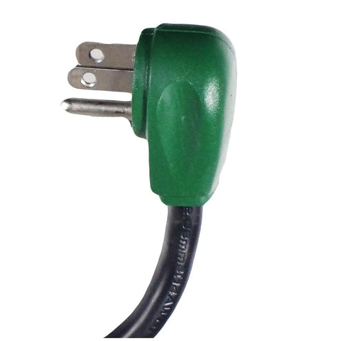 Close-up of the right-angle plug of the Five Outlet Surge Protector With Right Angle Cord Three Foot Heavy Duty Power Strip 15 Amp Circuit Breaker 250 Joules Black Go To Shield For Home Electronics.