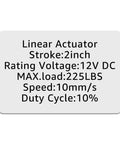 Pair Of Two Inch Stroke 12V Electric Linear Actuators Set, 225 Lbs Load Capacity, 10 Mm Per Second Travel, IP55 Waterproof, Black Aluminum, Heavy Duty Actuators For DIY Projects, Auto, Marine And Robotic Applications. 2-inch 12V actuator specs card