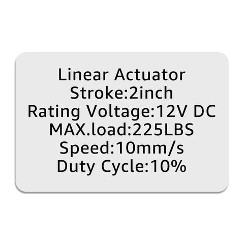 Pair Of Two Inch Stroke 12V Electric Linear Actuators Set, 225 Lbs Load Capacity, 10 Mm Per Second Travel, IP55 Waterproof, Black Aluminum, Heavy Duty Actuators For DIY Projects, Auto, Marine And Robotic Applications. 2-inch 12V actuator specs card