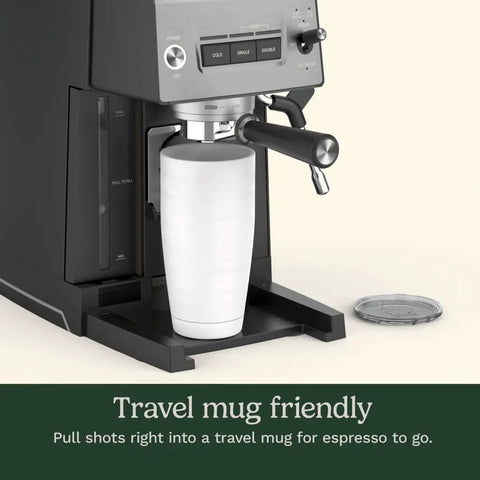 Professional Grade Home Espresso Maker Featuring Solid Twenty Bar Pressure And A Stainless Steel Bottomless Portafilter For Straight Up Cafe Kick and Zero Fuss Brewing Any Day with a travel mug.