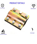 Front view: 1/2 in pipe repair clamp, zinc-plated steel, four bolts, about 4 in long for PVC/PE/PPR and steel pipes.