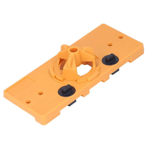 35mm hinge hole jig for woodworking, orange plastic base with black adjustment knobs